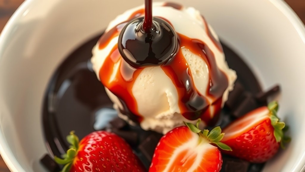 Decadent Rich Dark Chocolate Sauce Recipe Decadent dark chocolate sauce drizzled over vanilla ice cream with chocolate shavings and strawberries.