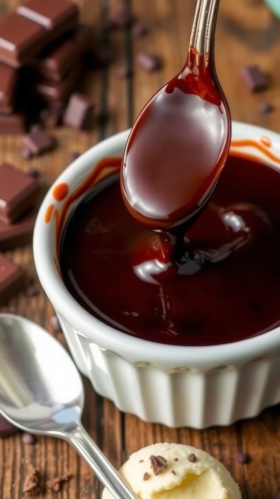 Decadent Hot Fudge Sauce Recipe A bowl of thick hot fudge sauce with a spoon, ready to be drizzled over ice cream.