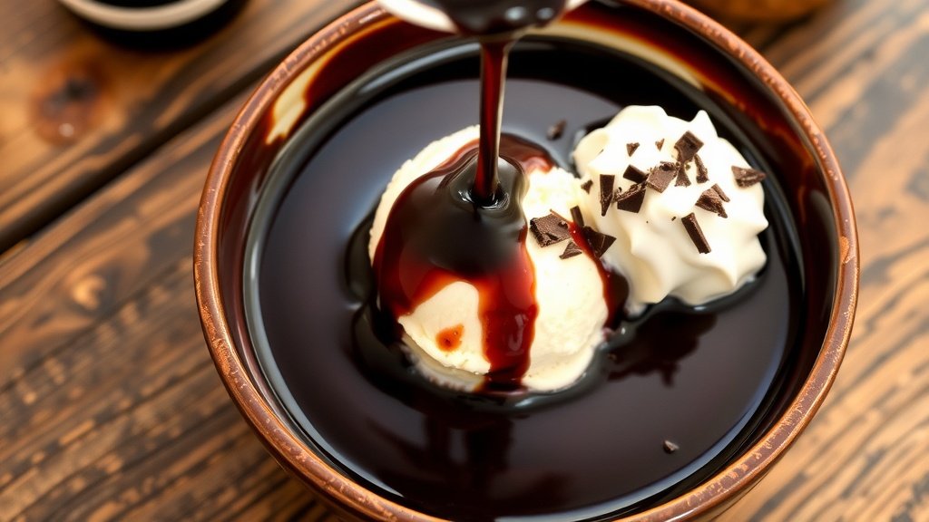Warm hot fudge sauce in a bowl, drizzled over vanilla ice cream, garnished with whipped cream and chocolate shavings on a rustic table.
