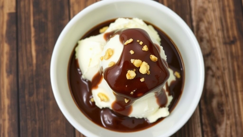 Decadent Double Chocolate Peanut Butter Sauce A bowl of chocolate peanut butter sauce drizzled over vanilla ice cream with crushed peanuts on top.