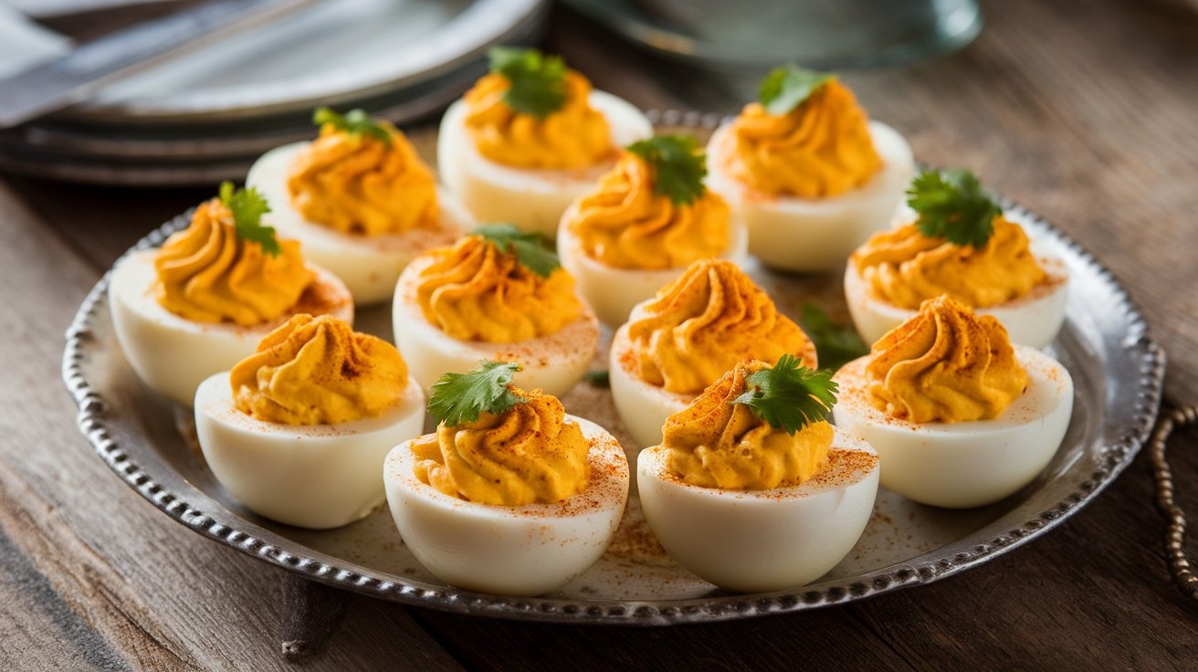 Platter of curry-spiced deviled eggs garnished with paprika and cilantro on a rustic table.
