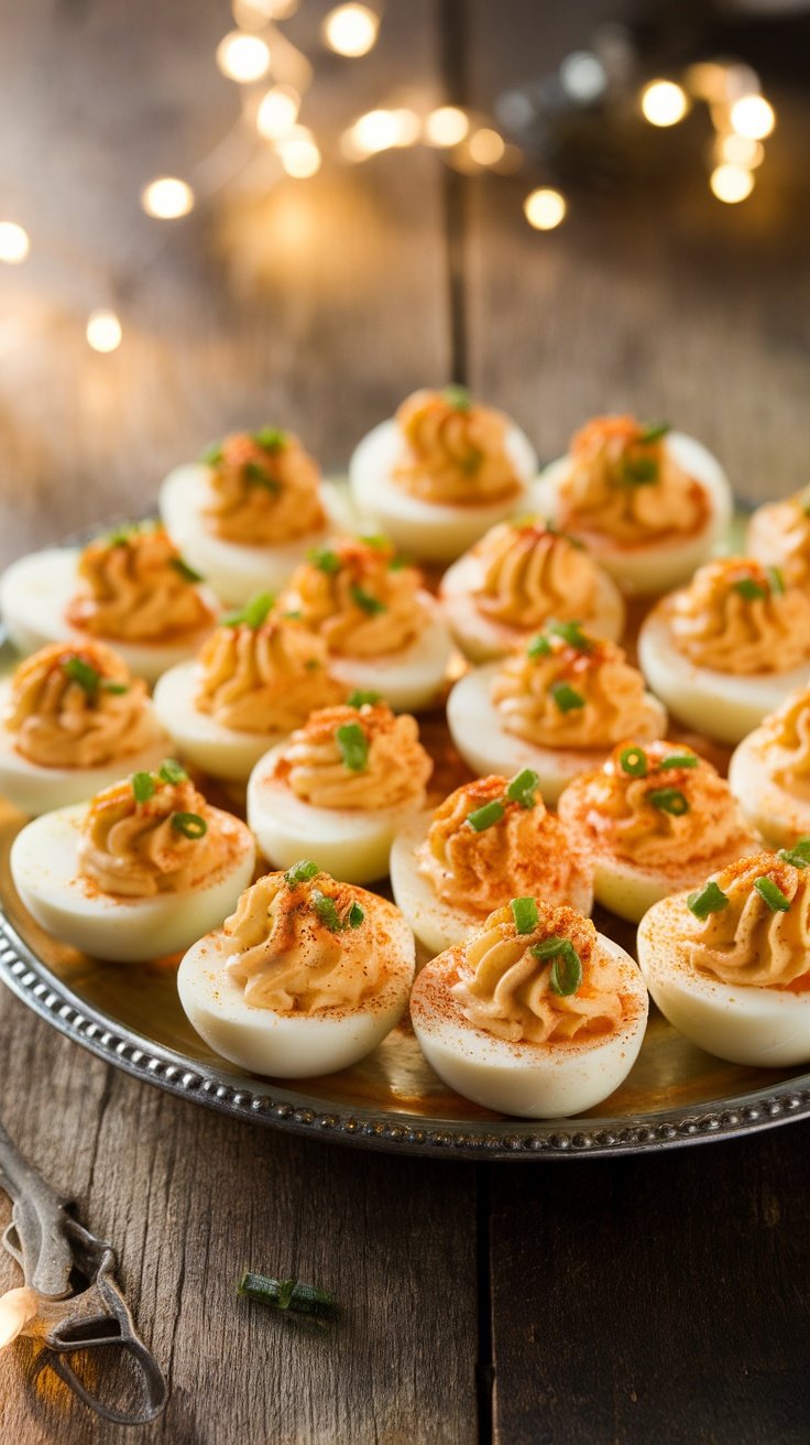 Spicy Sriracha Honey Deviled Eggs A platter of Spicy Sriracha Honey Deviled Eggs garnished with paprika and chives, ready to be served.