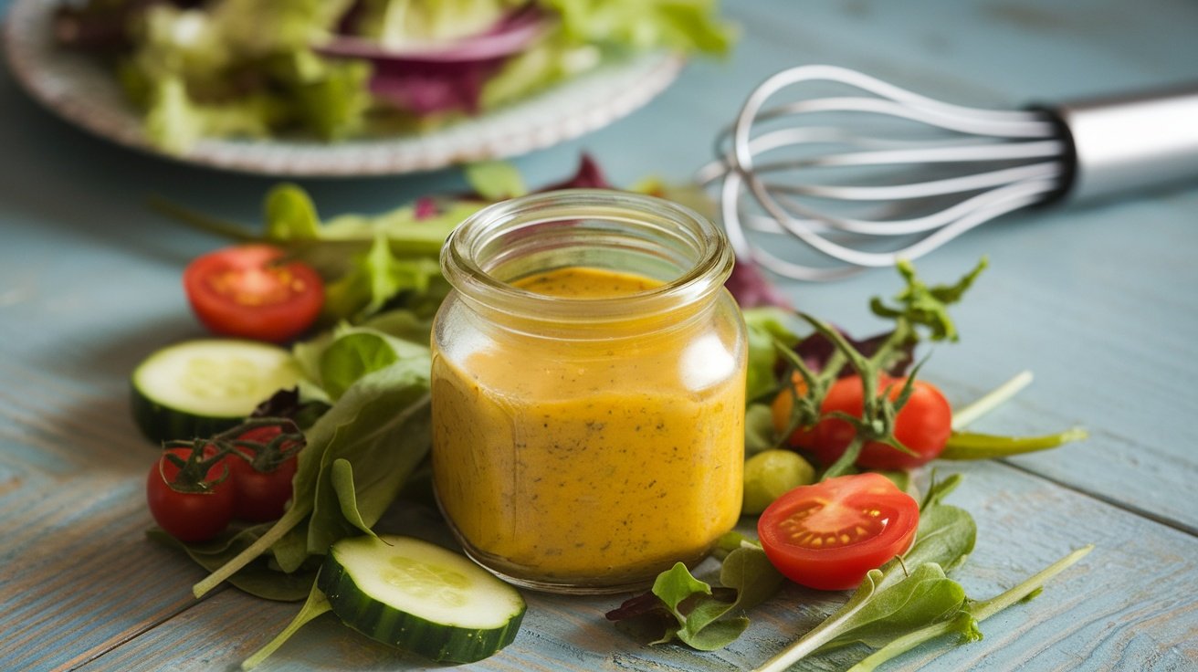 Zesty Double Mustard Vinaigrette Recipe A jar of double mustard vinaigrette with fresh salad ingredients on a rustic table.