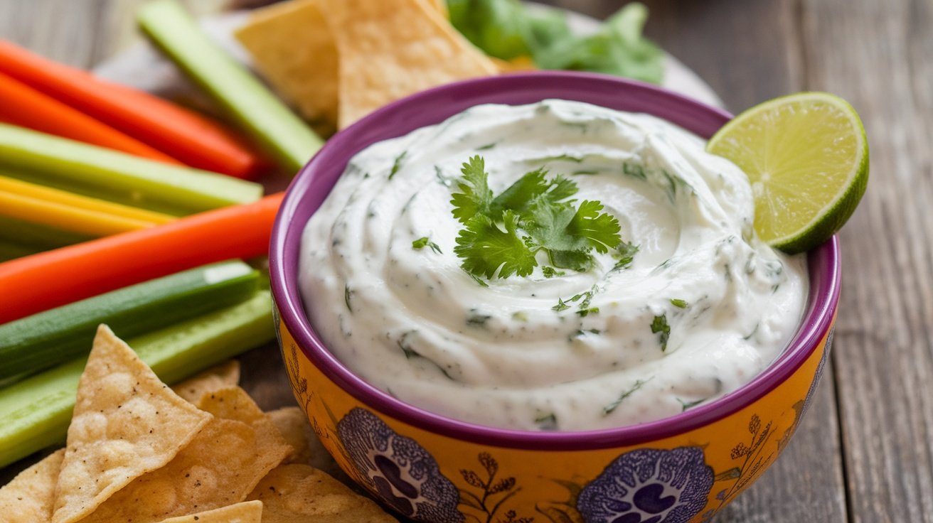 Zesty Cilantro Lime Yogurt Dip Recipe Zesty Cilantro Lime Yogurt Dip in a bowl with cilantro garnish and lime wedge, served with veggies and chips.