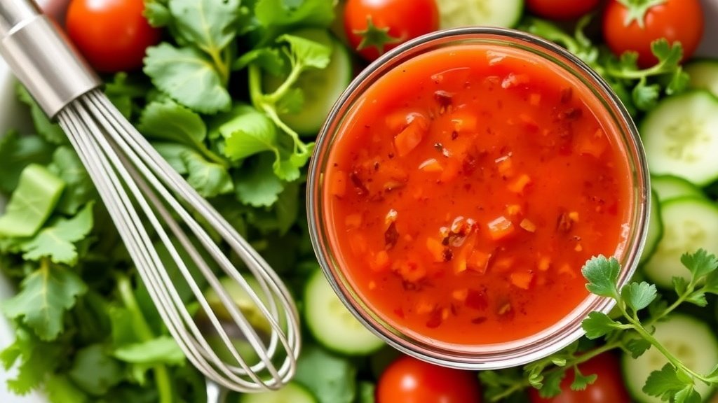 Zesty Tomato Ginger Vinaigrette Recipe A bowl of bright tomato ginger vinaigrette surrounded by fresh vegetables, with a whisk and herbs.