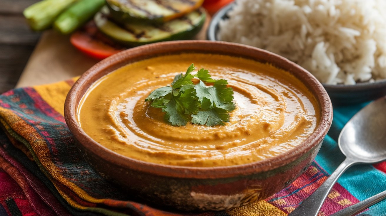Creamy Saffron Coconut Curry Sauce Creamy saffron coconut curry sauce in a bowl with cilantro garnish, surrounded by rice and vegetables.