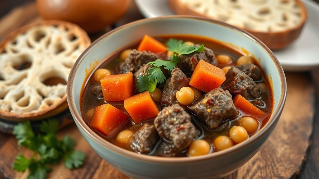 Lamb Stew with Fragrant Spices Sauce A bowl of lamb stew with vegetables, garnished with cilantro, on a rustic table with bread.