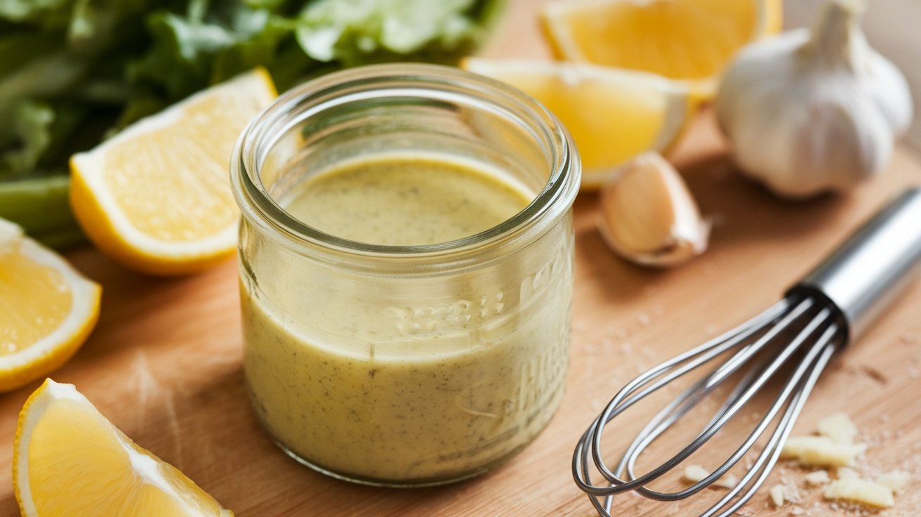 Zesty Caesar-Style Vinaigrette Recipe A glass jar of Caesar-style vinaigrette with lemon, garlic, and Parmesan cheese on a wooden surface.