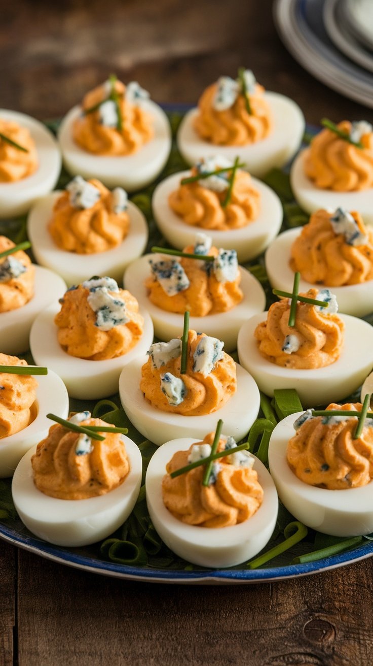 Buffalo Blue Cheese Deviled Eggs garnished with chives on a wooden platter.