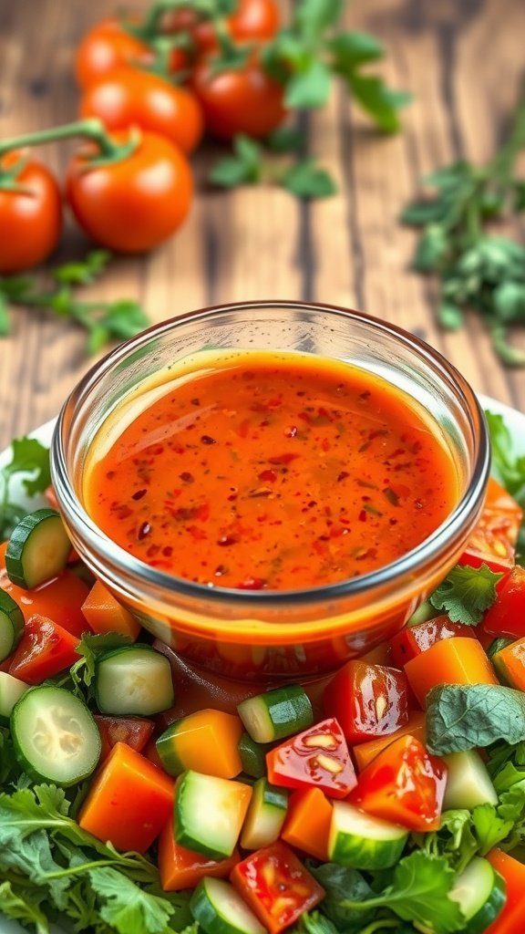 Spicy Hot Tomato Vinaigrette Recipe Spicy hot tomato vinaigrette drizzled over a colorful salad of mixed vegetables, on a rustic tabletop.