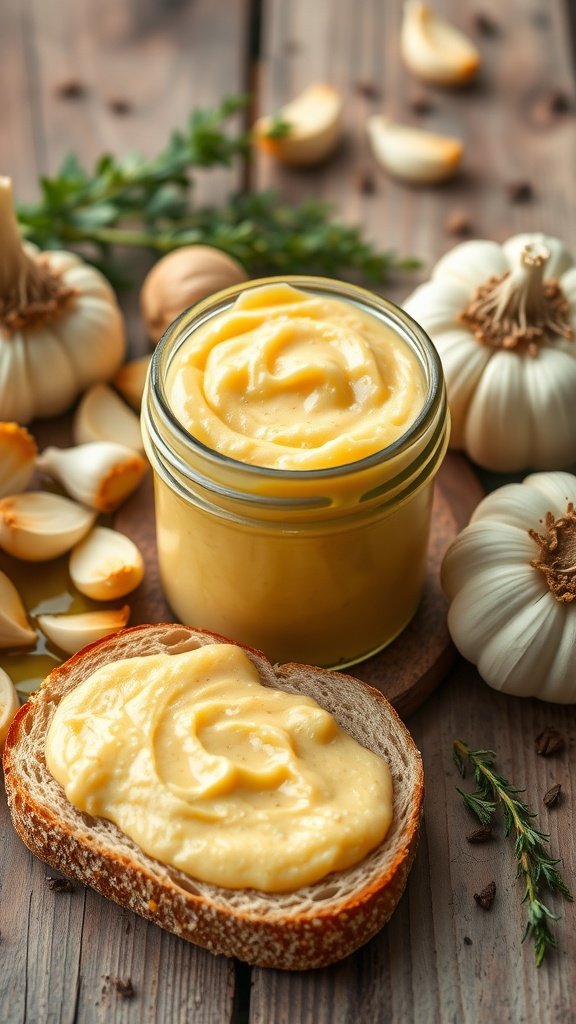 Savory Baked Garlic Purée Recipe Creamy baked garlic purée in a jar, with roasted garlic cloves and herbs on a wooden table.