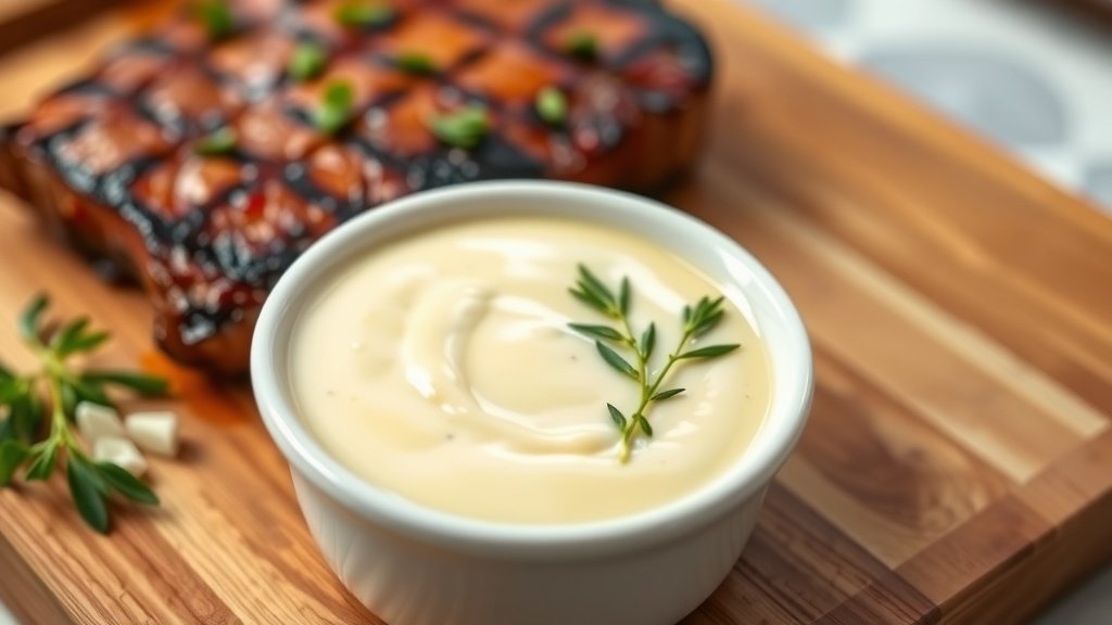 Classic Béarnaise Sauce Recipe A small bowl of creamy Béarnaise sauce with tarragon, alongside a grilled steak on a wooden board.