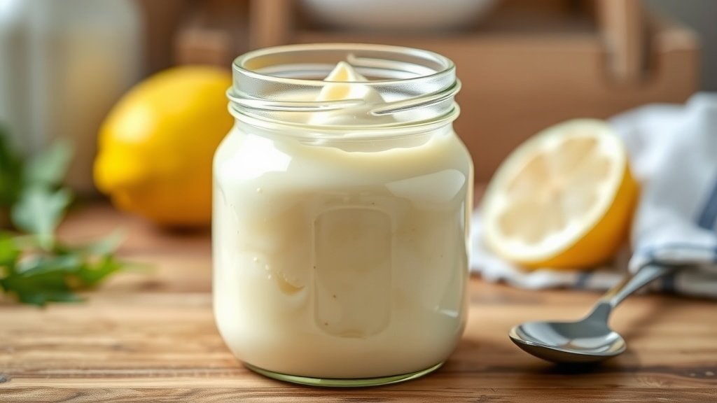 A jar of creamy homemade mayonnaise on a kitchen counter with fresh ingredients.