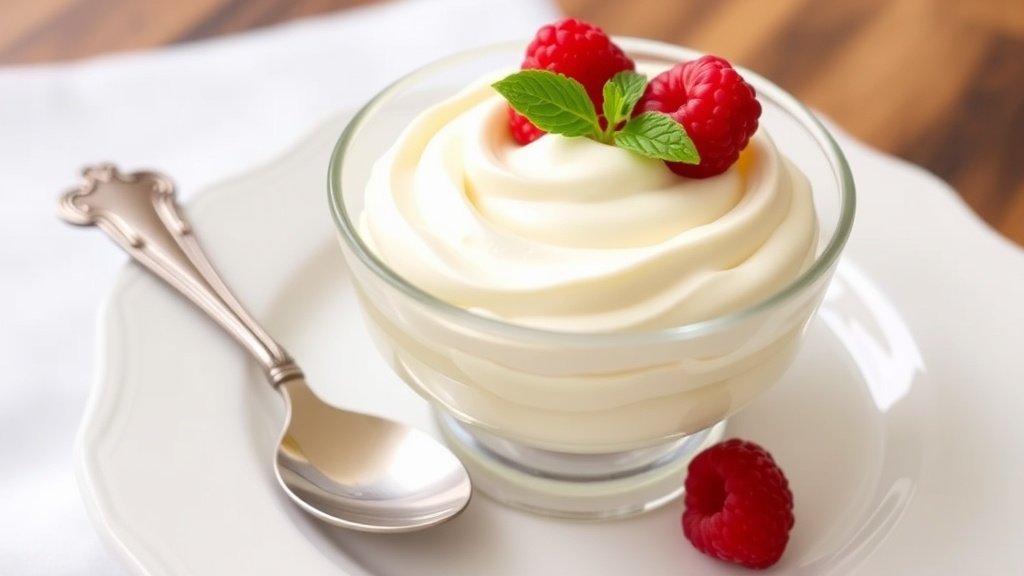 Traditional French Sabayon Recipe Fluffy sabayon in a glass dish topped with berries and mint, on a white plate.