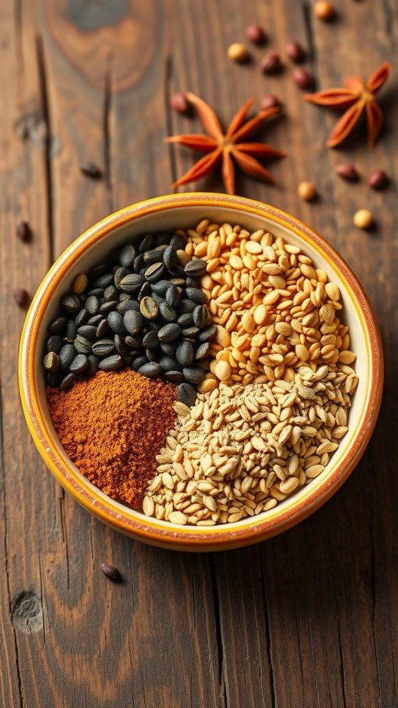 Authentic Bengali Panch Phoron Spice Mixture An assortment of Panch Phoron spices in a bowl on a wooden table.