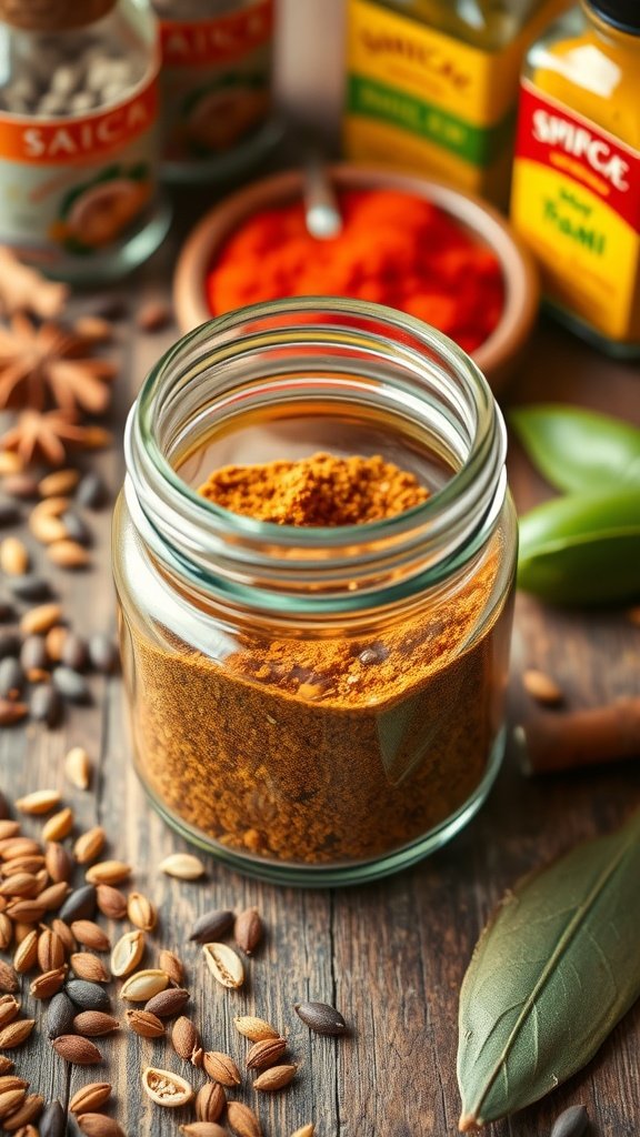 Authentic Indian Garam Masala Recipe A jar of garam masala surrounded by whole spices like cumin and coriander on a wooden table.