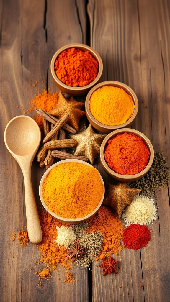 Homemade Basic Curry Powder Recipe An arrangement of spices for homemade curry powder, including turmeric, cumin, and coriander on a wooden surface.