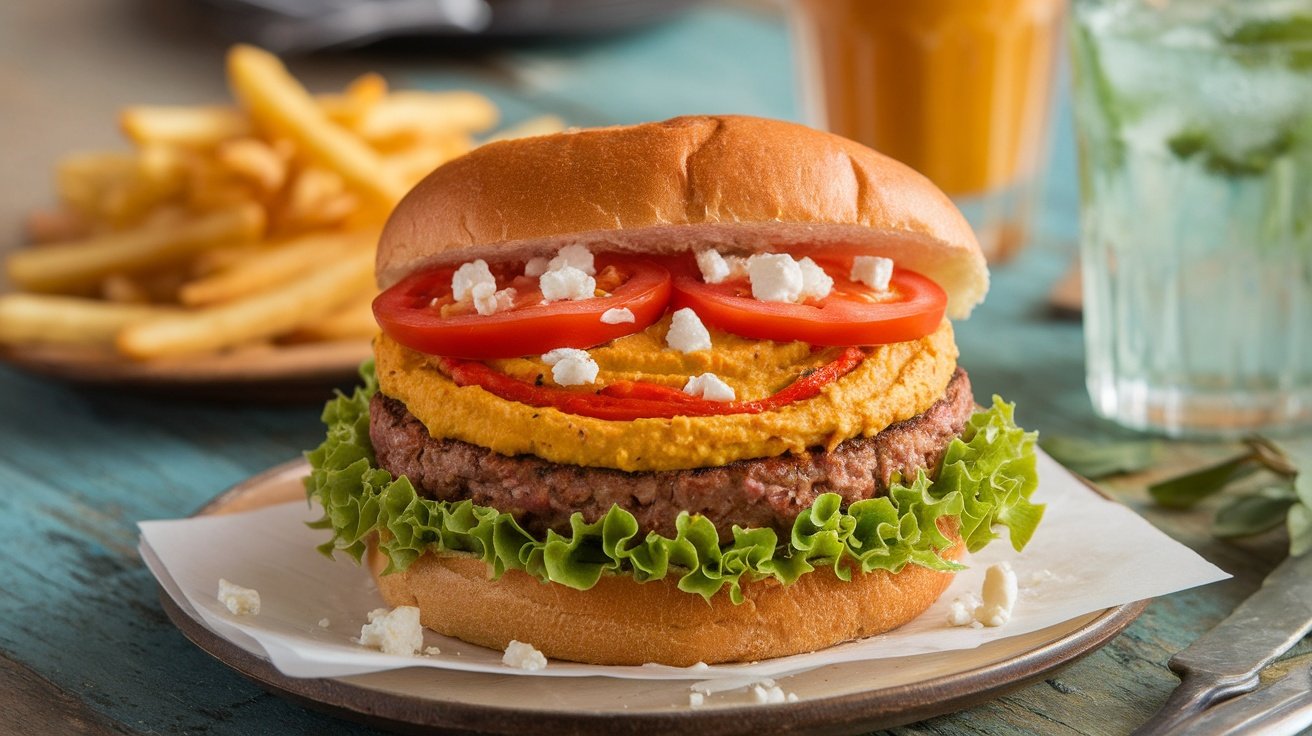 Roasted Red Pepper Hummus Burger Recipe A Roasted Red Pepper Hummus Burger on a toasted bun with lettuce, tomato, and feta cheese, served with fries.
