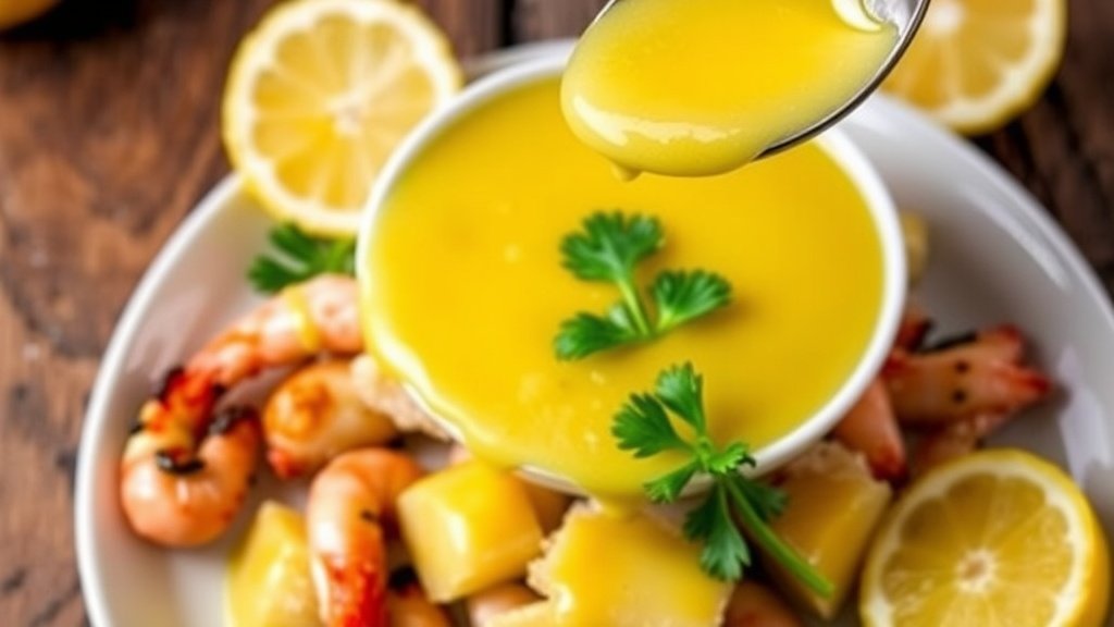 Zesty Creamy Lemon Butter Sauce Creamy lemon butter sauce drizzled over seafood, with lemons and parsley, on a rustic wooden table.