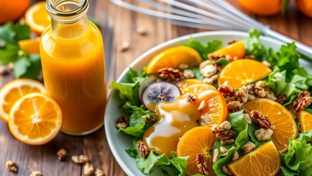 Zesty Tangerine Brown Butter Vinaigrette A bottle of tangerine brown butter vinaigrette drizzled over a mixed green salad with tangerines and nuts.