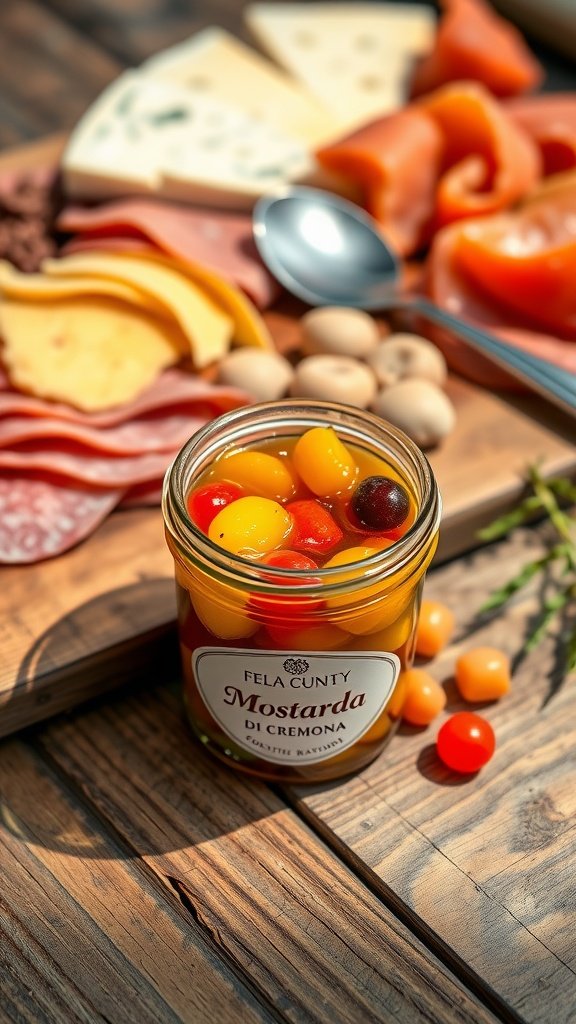 Traditional Mostarda di Cremona Recipe A glass jar of Mostarda di Cremona with candied fruits, displayed on a wooden table with cheese and meats.