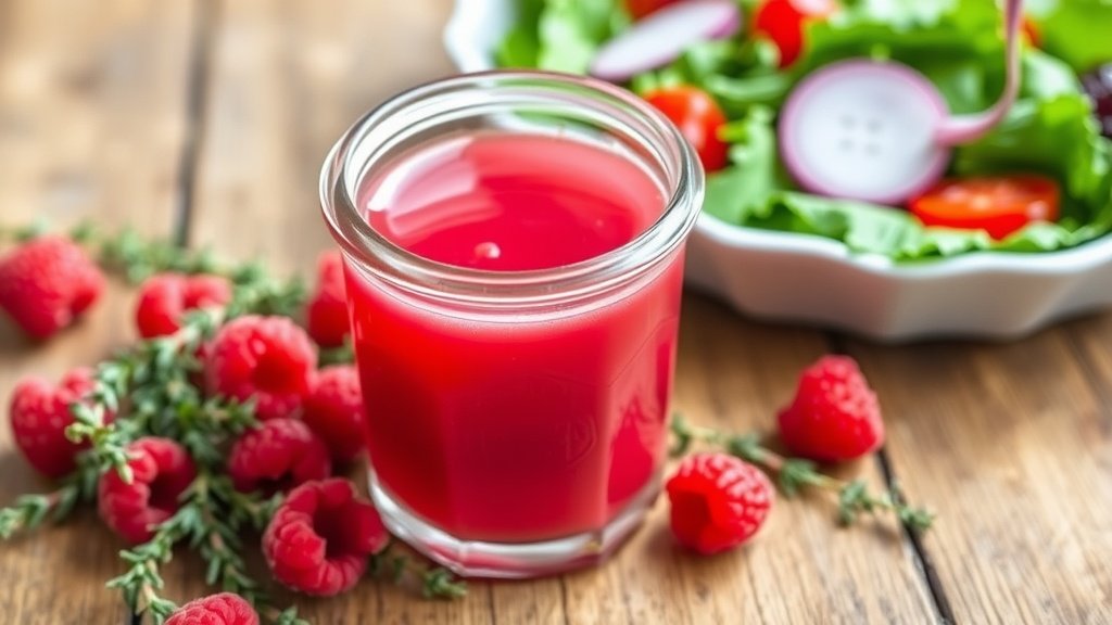 Refreshing Raspberry Thyme Vinaigrette A jar of raspberry thyme vinaigrette with fresh raspberries and thyme on a wooden table next to a salad.