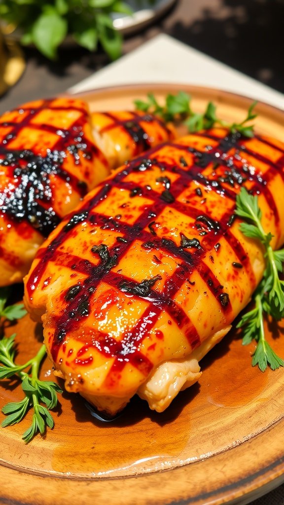 Sweet and Spicy Honey Red Pepper Marinade for Chicken Grilled chicken breast glazed with honey and red pepper marinade, garnished with herbs on a rustic plate.