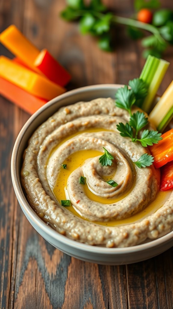 Creamy Lentil Puree with Garlic and Herbs Creamy lentil puree in a bowl, garnished with herbs and olive oil, with vegetable sticks for dipping.