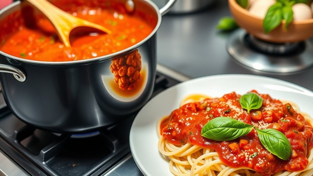 Classic and Versatile Marinara Sauce Recipe A pot of classic marinara sauce with basil on top next to a plate of spaghetti.