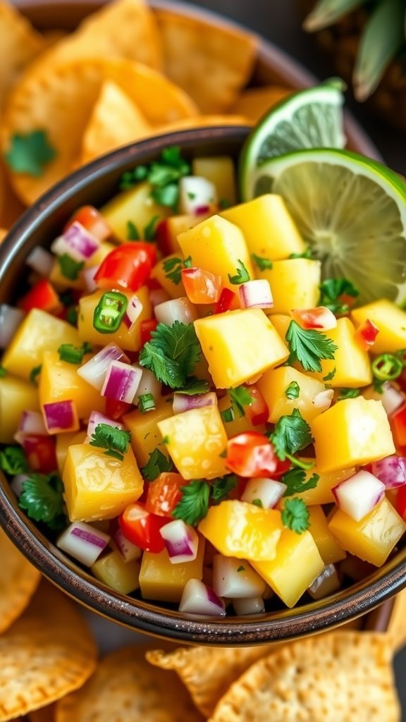 Zesty Pineapple Salsa Recipe A colorful bowl of pineapple salsa with tortilla chips and lime, showcasing fresh ingredients.