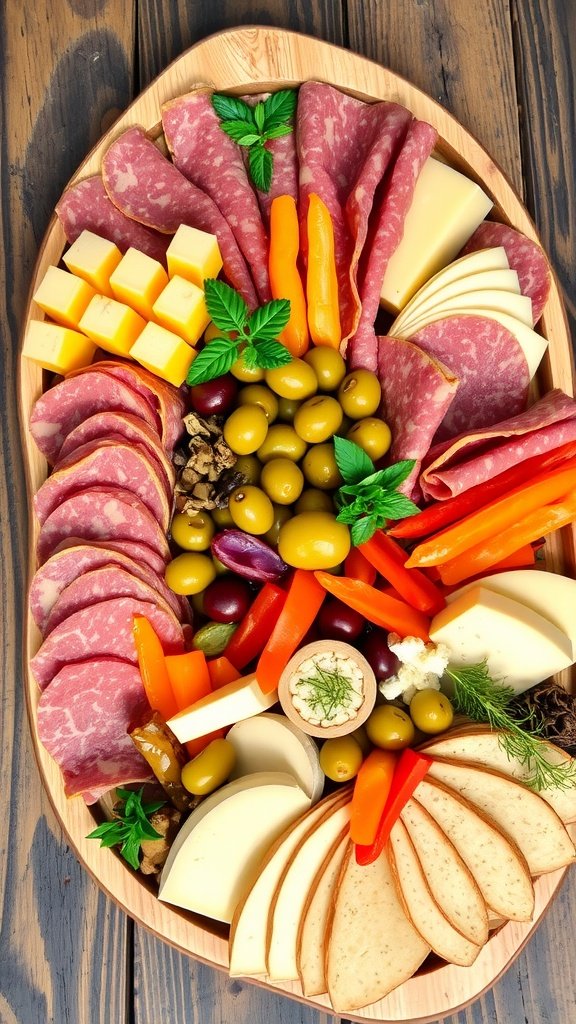 Savory Argentine Picada Platter A colorful picada platter with cured meats, cheeses, olives, and pickled vegetables on a rustic wooden table.
