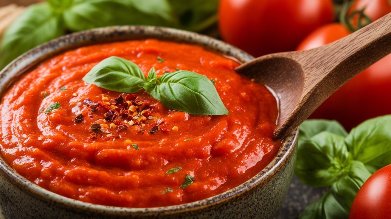 Zesty Spicy Tomato Basil Sauce Recipe A bowl of spicy tomato basil sauce garnished with basil and red pepper flakes, surrounded by fresh tomatoes and basil.