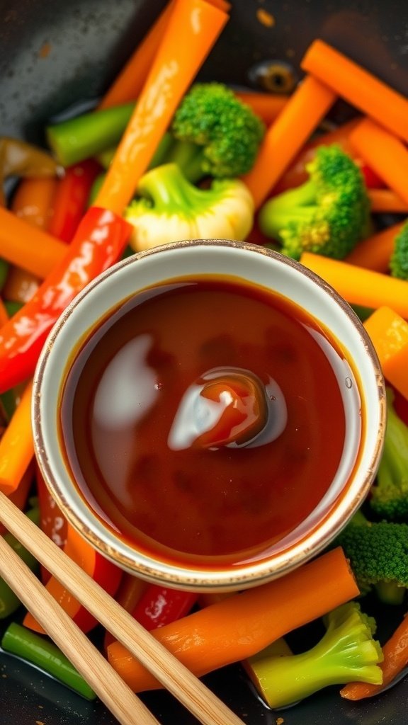 Savory Homemade Stir Fry Sauce Recipe A vibrant stir fry sauce in a bowl with vegetables in the background, highlighting its glossy texture.
