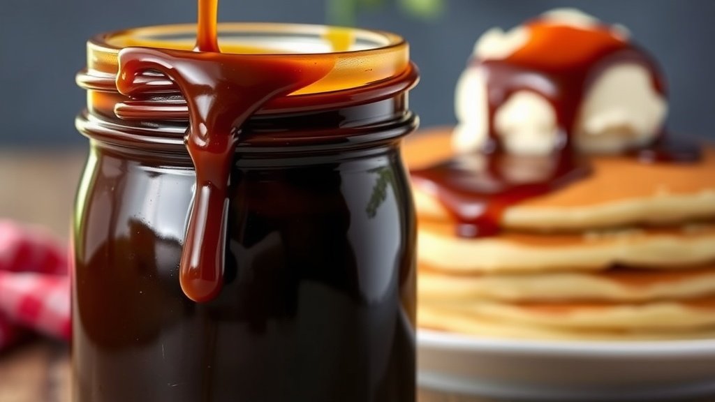 Homemade Mary Jane A jar of homemade molasses sauce with pancakes and ice cream in the background.