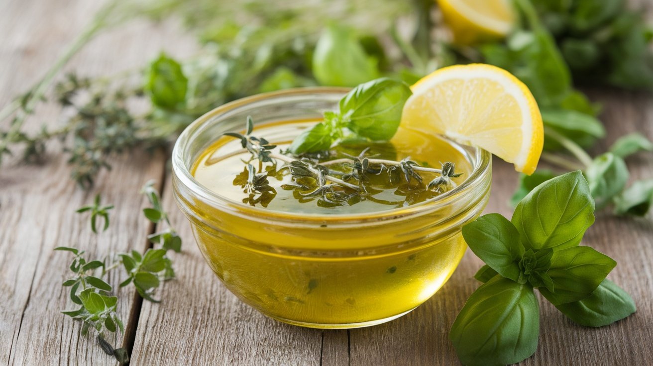 Zesty Lemon Herb Sauce Recipe A bowl of zesty lemon herb sauce with fresh herbs and lemon slice, on a rustic table.