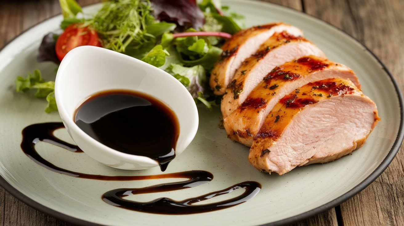 Savory Rich Balsamic Reduction Recipe A bowl of balsamic reduction drizzled on a plate with grilled chicken and salad on a wooden table.