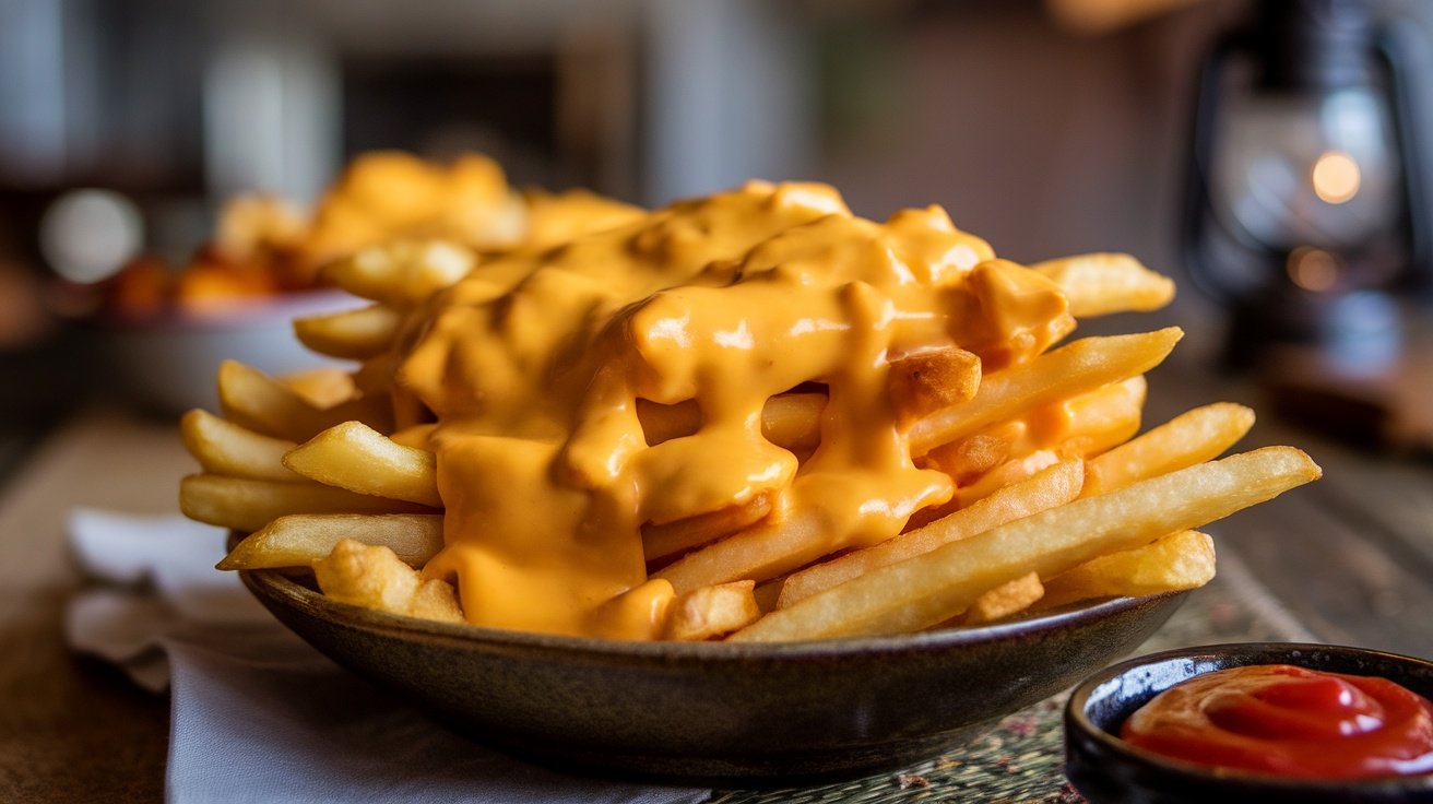 Classic Cheddar Cheese Sauce for French Fries Crispy French fries covered in creamy cheddar cheese sauce with a side of ketchup on a rustic table.