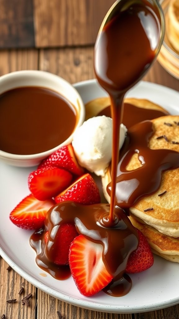 Decadent Chocolate Butter Sauce Recipe A luscious bowl of chocolate butter sauce drizzled over desserts like ice cream, pancakes, and strawberries, set against a rustic backdrop.