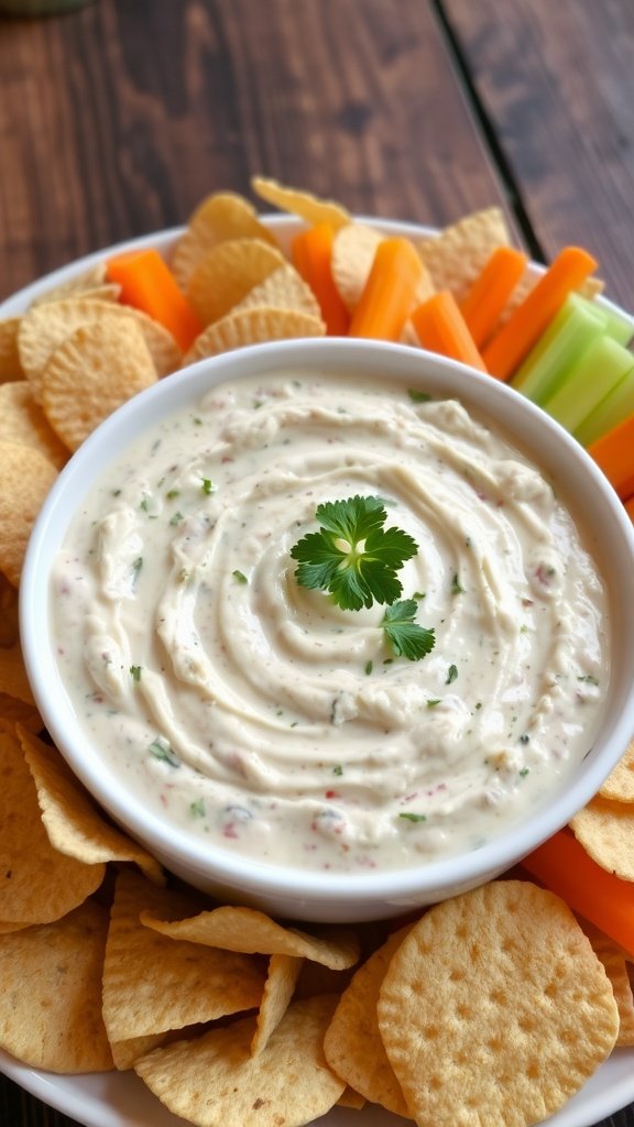 Creamy Homemade Clam Dip Recipe Creamy clam dip in a bowl with chips and vegetable sticks, garnished with parsley on a wooden table.