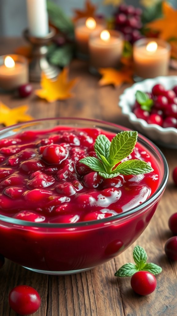 Homemade Sweet and Tangy Cranberry Sauce A bowl of homemade cranberry sauce with fresh cranberries and mint garnish on a rustic wooden table.