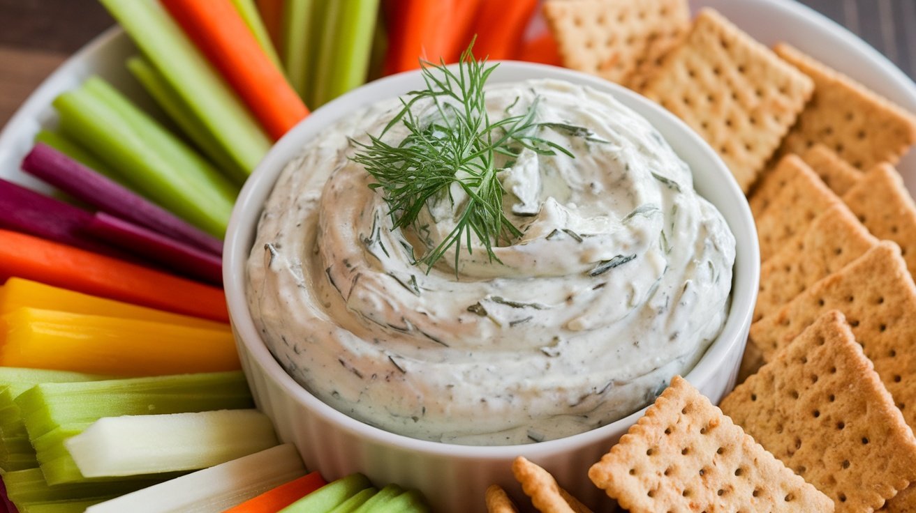 A creamy dill pickle ranch spread in a bowl, served with vegetable sticks and crackers, showcasing a vibrant and inviting presentation.