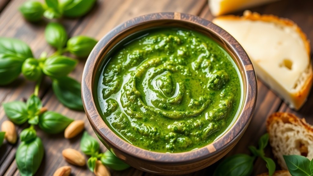 French Basil Pesto Recipe A bowl of French basil pesto surrounded by fresh basil leaves, pine nuts, and Parmesan cheese on a wooden table.