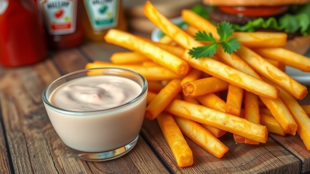 Creamy and Tangy Fry Sauce Recipe Bowl of creamy fry sauce with crispy fries on a wooden table.