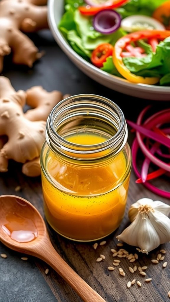 Zesty Chinese Ginger and Garlic Vinaigrette Recipe A jar of ginger and garlic vinaigrette with fresh ginger and garlic surrounding it.
