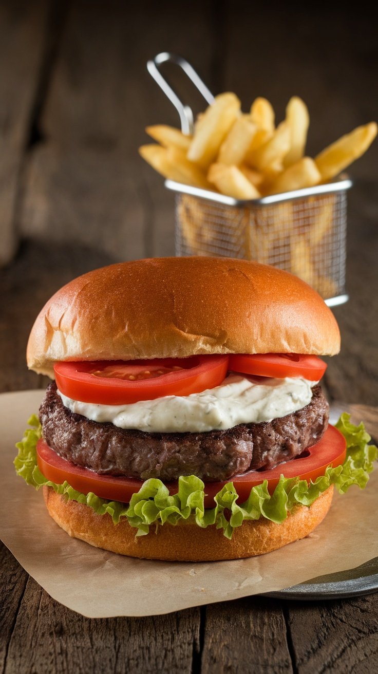 Savory Creamy Garlic Aioli Hamburger Juicy hamburger with garlic aioli, lettuce, and tomato on a wooden table with fries.