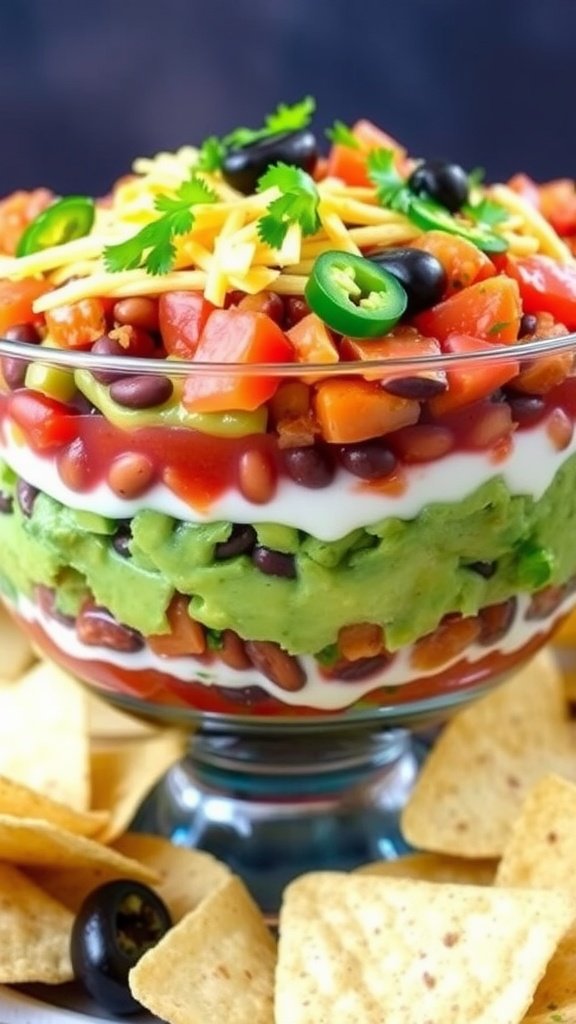Delicious Mexican 7 Layer Dip with Beans, Guacamole, and Sour Cream A glass dish filled with Mexican 7 Layer Dip featuring layers of beans, guacamole, sour cream, salsa, cheese, jalapeños, and olives, surrounded by tortilla chips.