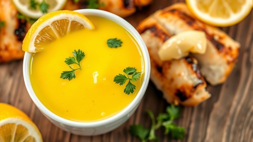 Zesty Lemon Cream Sauce Recipe Lemon cream sauce in a bowl over grilled chicken, garnished with parsley and lemon slices on a wooden table.