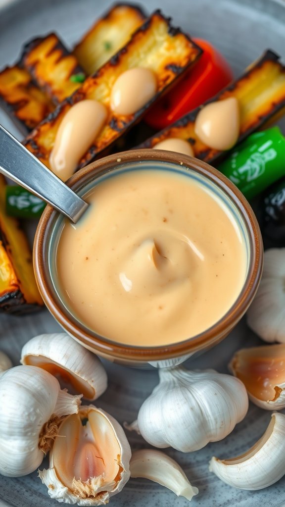 Savory Miso Sauce Recipe A bowl of creamy miso sauce with grilled vegetables, garlic, and miso paste in the background.