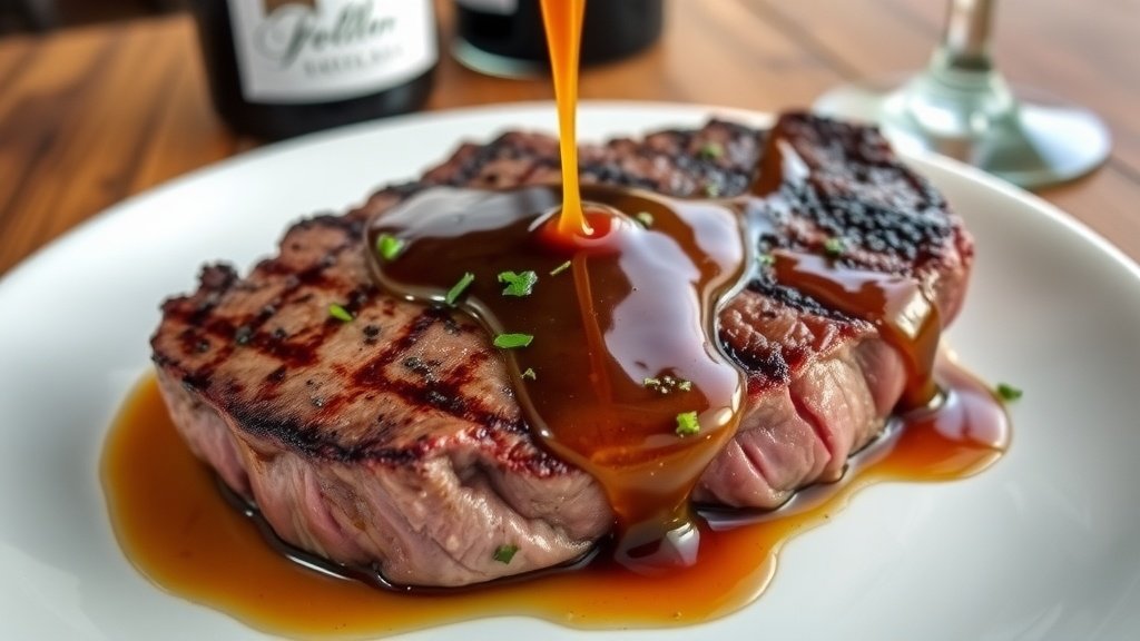Savory Pan Sauce Recipe for Perfect Meat Dishes A savory pan sauce over a seared steak, garnished with herbs, with wine in the background.