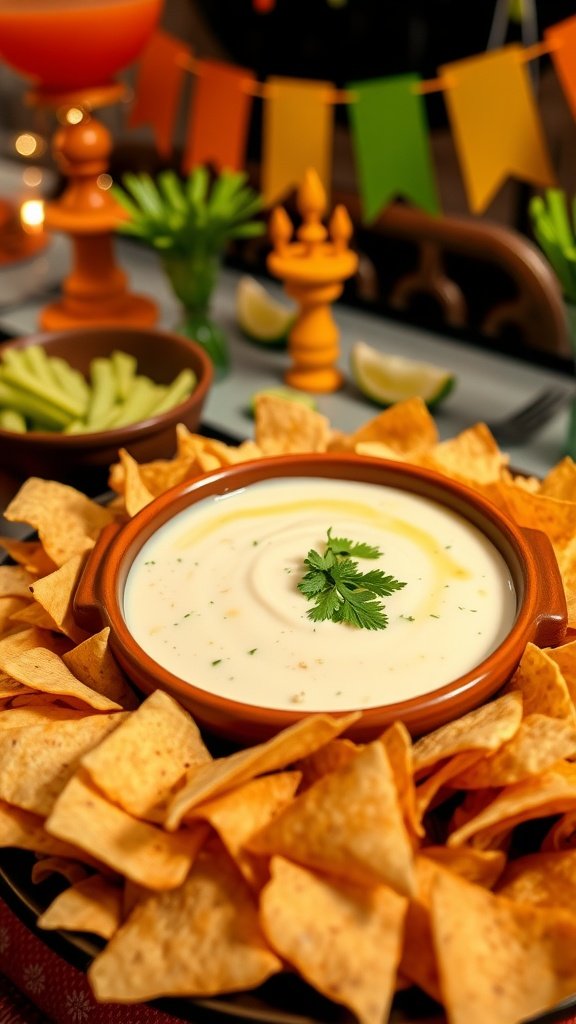 Creamy Queso Blanco Dip Recipe A bowl of creamy queso blanco dip with tortilla chips on a colorful table.